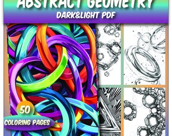 Può includere: Una copertina colorata per un libro da colorare con disegni geometrici astratti. La copertina mostra una varietà di colori vivaci, tra cui rosso, arancione, giallo, verde, blu, viola e rosa. Il titolo del libro è "Abstract Geometry Dark & Light PDF" e il sottotitolo è "50 pagine da colorare".