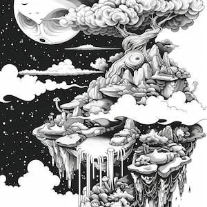 May include: A black and white illustration of a fantastical landscape with floating islands, a large tree, and a crescent moon in the night sky.