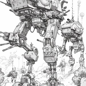 May include: A black and white illustration of a group of futuristic, mechanical walkers. The walkers have multiple legs and arms, and are equipped with weapons. The walkers are in a battle scene, with smoke and debris in the background.