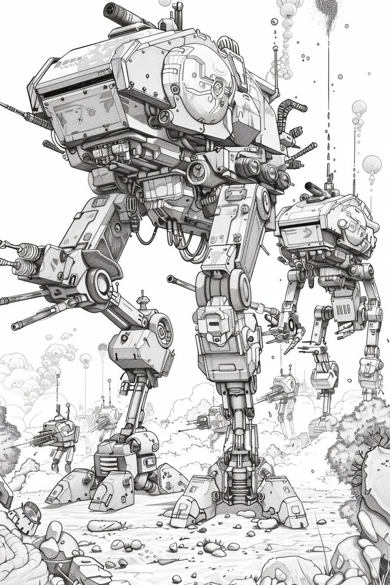May include: A black and white illustration of a group of futuristic, mechanical walkers. The walkers have multiple legs and arms, and are equipped with weapons. The walkers are in a battle scene, with smoke and debris in the background.