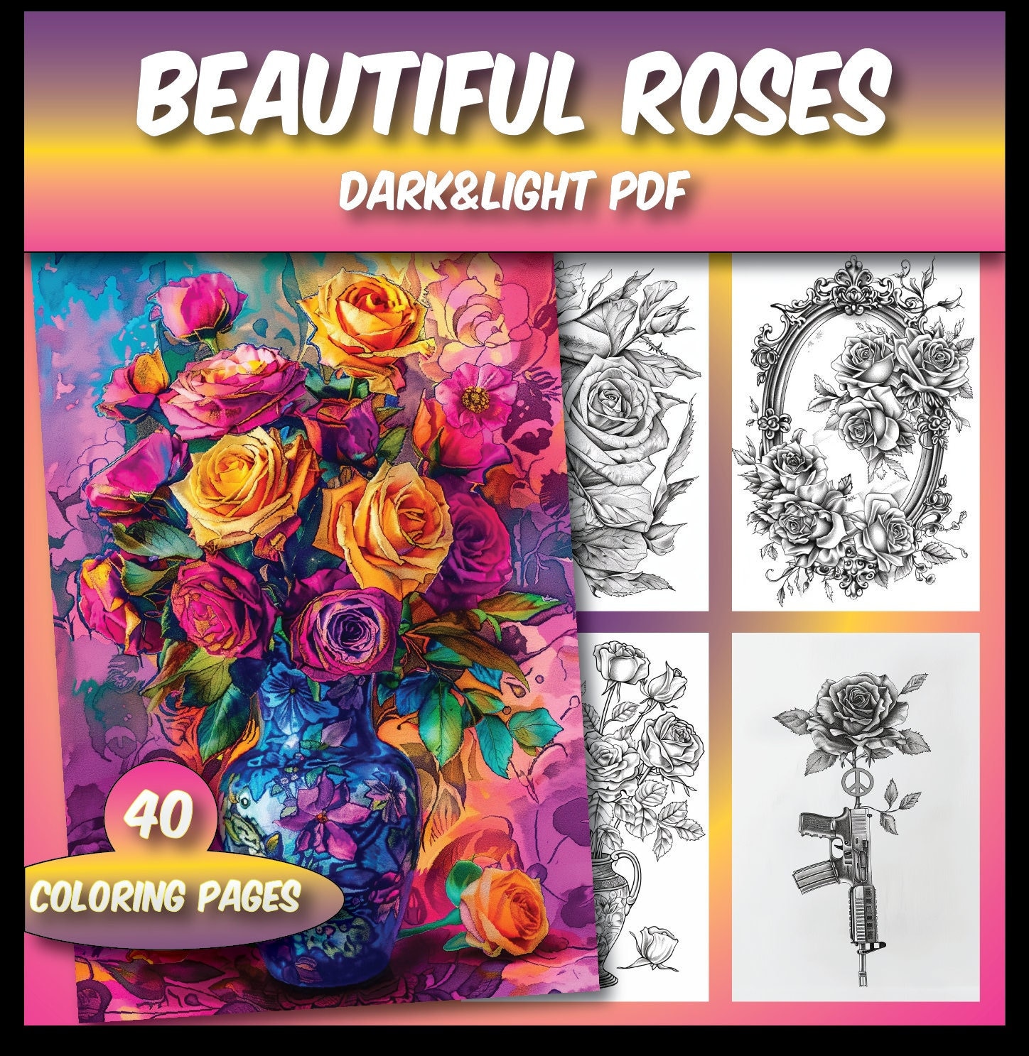 40 Rose Garden Coloring Pages for Kids and Adults Grayscale PDF Instant