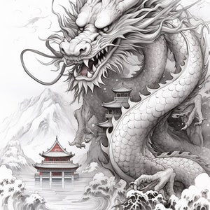 May include: A black and white illustration of a dragon with a red mouth, curled around a traditional Chinese pagoda. The dragon is in front of a mountain and a body of water with waves.
