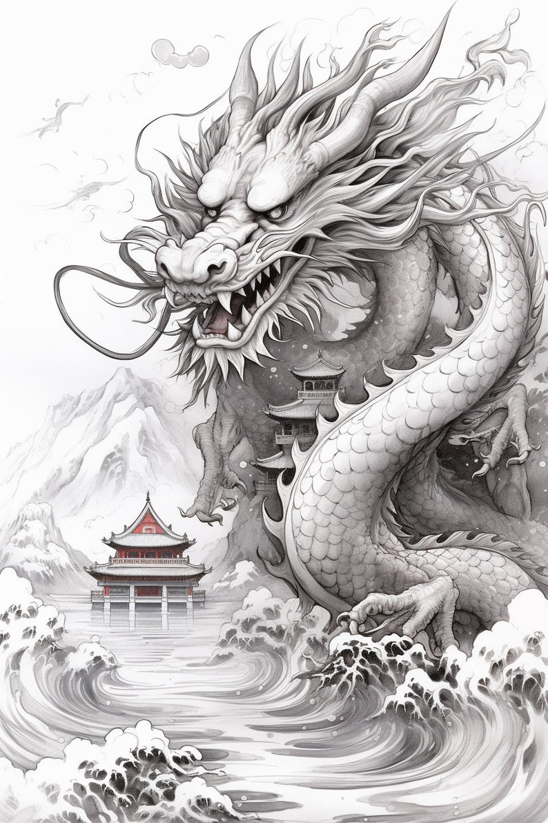 May include: A black and white illustration of a dragon with a red mouth, curled around a traditional Chinese pagoda. The dragon is in front of a mountain and a body of water with waves.
