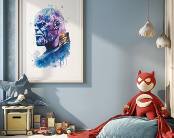Impresión de perfil de acuarela de Thanos, decoración de dormitorio de niño, arte de pared digital para niños, arte de pared de Thanos