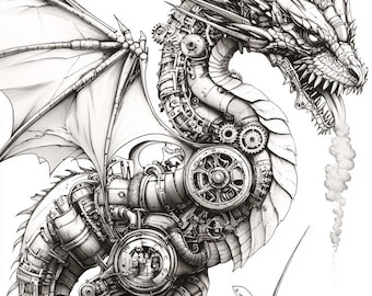 32 Steampunk Dragons Coloring Pages, Grayscale Coloring Sheets, Futuristic Dragons Coloring Book, Steampunk Dragon Coloring Pages