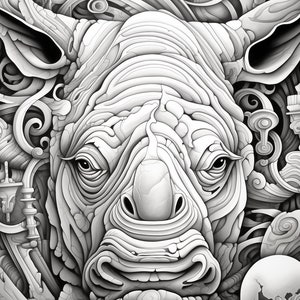 May include: A black and white illustration of a rhinoceros head with intricate details. The rhino's face is surrounded by a swirling pattern of lines and shapes.