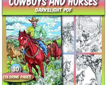30 Cowboys and Horses Coloring Pages ,Cowboys Coloring Book, Horses Grayscale Coloring Pages,Wild West Coloring Pages