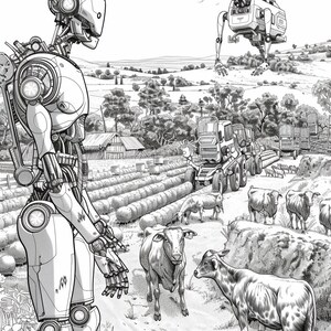 May include: A black and white illustration of a robot standing in a field with cows and a tractor in the background. The robot has a large head and a body made of metal.