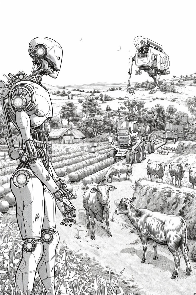May include: A black and white illustration of a robot standing in a field with cows and a tractor in the background. The robot has a large head and a body made of metal.