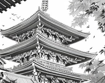 40 hermosas páginas para colorear de paisajes y arquitectura icónicos de Japón. Páginas para colorear para niños y adultos. Páginas para colorear en escala de grises.