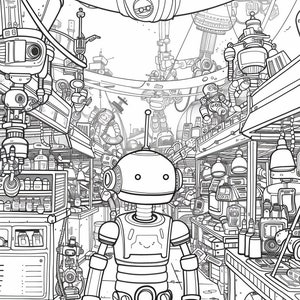 May include: A black and white line drawing of a robot standing in a futuristic factory setting. The robot has a round head with large eyes and a small mouth. It has a rectangular body with arms and legs. The factory is filled with machinery and other robots.