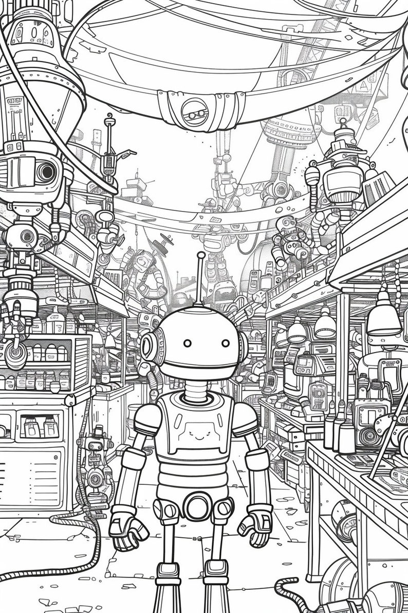 May include: A black and white line drawing of a robot standing in a futuristic factory setting. The robot has a round head with large eyes and a small mouth. It has a rectangular body with arms and legs. The factory is filled with machinery and other robots.
