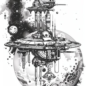 May include: A black and white illustration of a futuristic space station orbiting a planet. The station has a large, circular platform with a smaller, domed structure on top. The planet is covered in craters and has a dark, swirling cloud in the background.
