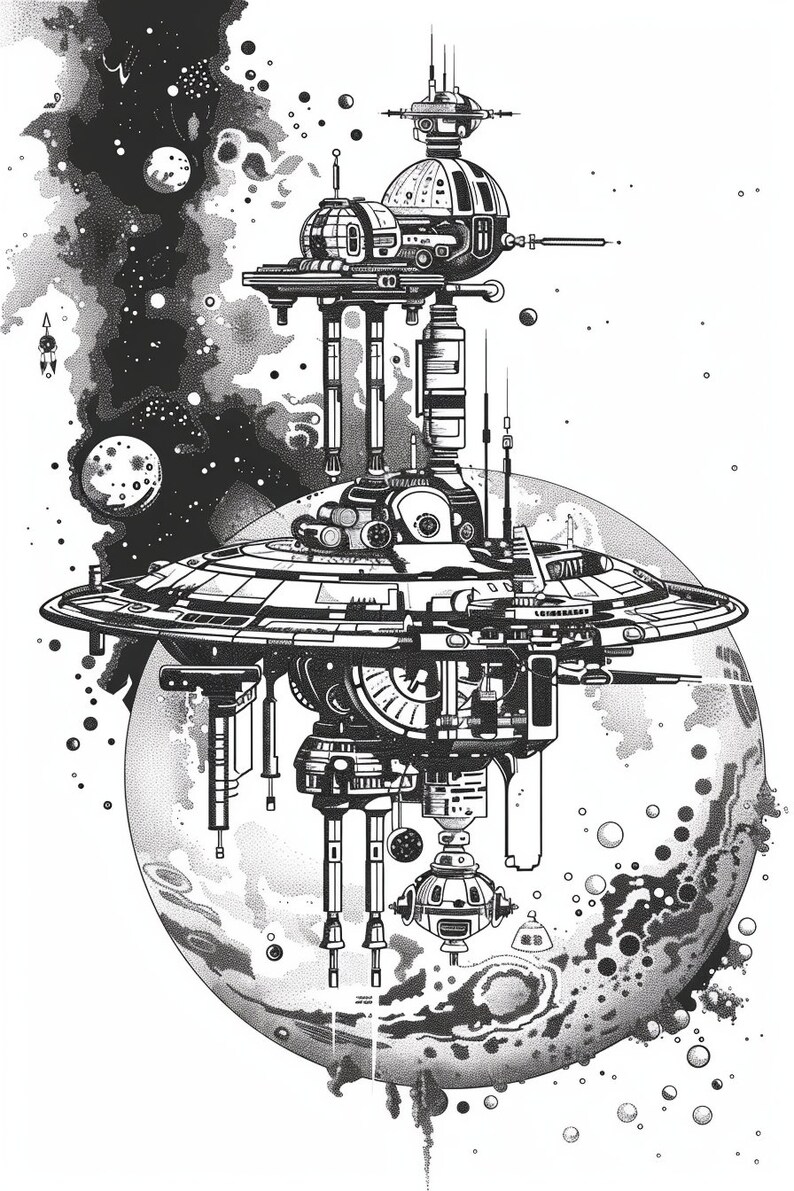 May include: A black and white illustration of a futuristic space station orbiting a planet. The station has a large, circular platform with a smaller, domed structure on top. The planet is covered in craters and has a dark, swirling cloud in the background.