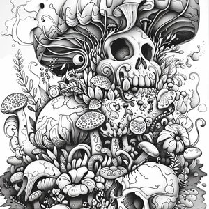 May include: A black and white illustration of a skull surrounded by mushrooms and other floral elements. The skull is surrounded by a large mushroom with a cracked top. The illustration is detailed and intricate.