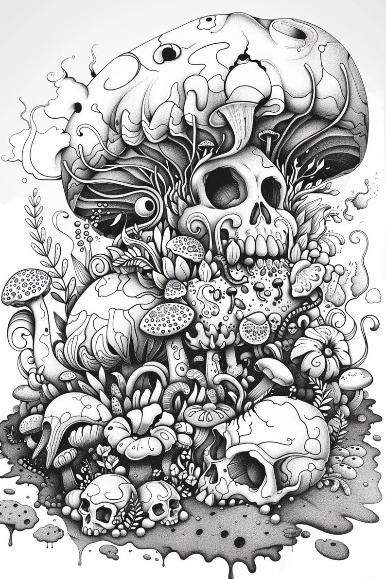 May include: A black and white illustration of a skull surrounded by mushrooms and other floral elements. The skull is surrounded by a large mushroom with a cracked top. The illustration is detailed and intricate.