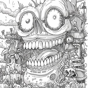 May include: A black and white illustration of a skull with a large open mouth and teeth. The skull is surrounded by a variety of smaller skulls, mushrooms, and other fantastical creatures. The image is drawn in a detailed and intricate style.