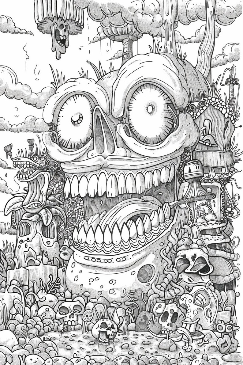 May include: A black and white illustration of a skull with a large open mouth and teeth. The skull is surrounded by a variety of smaller skulls, mushrooms, and other fantastical creatures. The image is drawn in a detailed and intricate style.