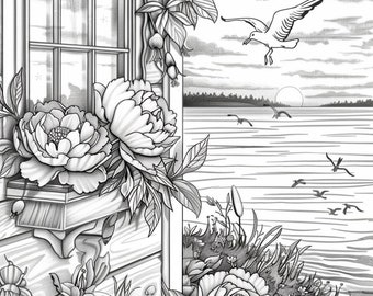 Peonías encantadoras: 40 páginas para colorear de esplendor floral en diversas escenas, libro para colorear para niños y adultos, PDF en escala de grises