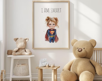 Female Superheroes with 'I AM' Affirmations, Set of 4 Prints, Girl Bedroom Decor, Kids Digital Wall Art, I am Funny, I am Brave, I am Smart