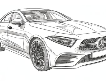 May include: A black and white line drawing of a sleek, modern car. The car has a distinctive grille with a prominent Mercedes-Benz logo.