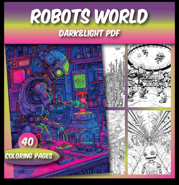 40 World Robots Coloring Book, Robots Coloring Pages, Robots Grayscale Coloring Book,Instant Download, Adults Coloring Sheets