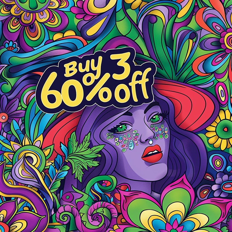 May include: A colorful psychedelic illustration with a woman's face and the text "Buy 3 60% off" in a yellow and black font.