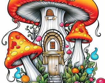 40 fantasy tiny houses coloring pages for adults, beautiful trippy houses coloring sheets, mushroom house Fantasy coloring book