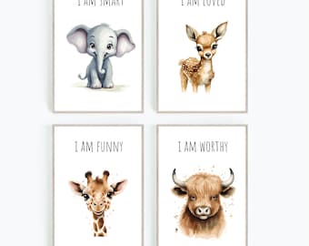 May include: Set of four printable wall art prints featuring watercolor illustrations of an elephant, deer, giraffe, and cow. Each print includes a positive affirmation: "I am smart", "I am loved", "I am funny", and "I am worthy".
