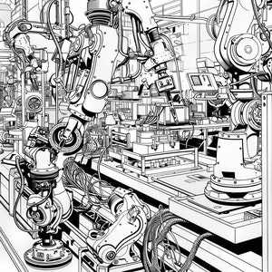 May include: Black and white line drawing of a factory assembly line with multiple robotic arms. The robots are in various positions, some are extended and others are retracted. The robots are connected to a series of conveyor belts and other machinery.
