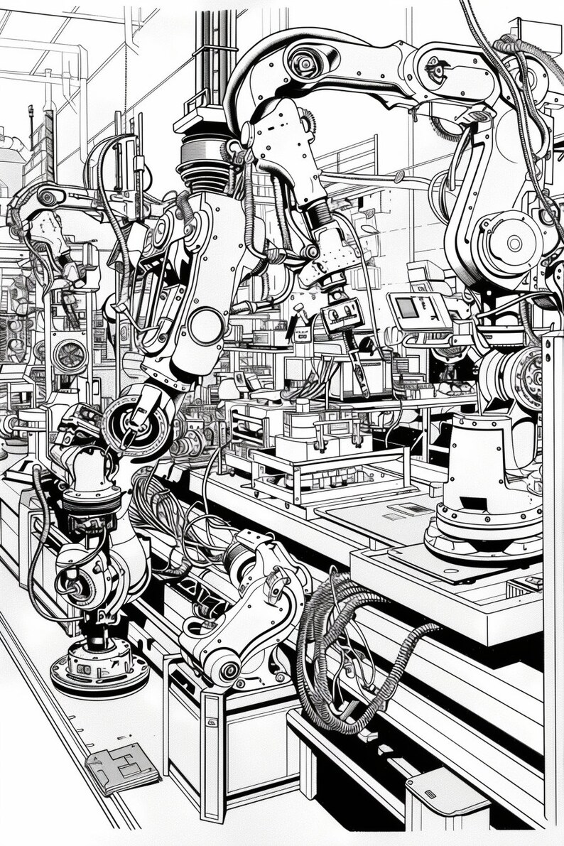 May include: Black and white line drawing of a factory assembly line with multiple robotic arms. The robots are in various positions, some are extended and others are retracted. The robots are connected to a series of conveyor belts and other machinery.