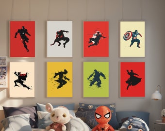 Superhero Wall Art : 8-Piece Superheroes Wall Art , Boys Room Decor,Kids Playroom Art,Marvel Silhouette,Superheroes Birthday Decoration