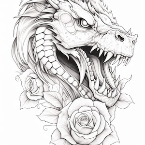 May include: A black and white line drawing of a dragon's head with an open mouth and sharp teeth. The dragon is surrounded by roses.