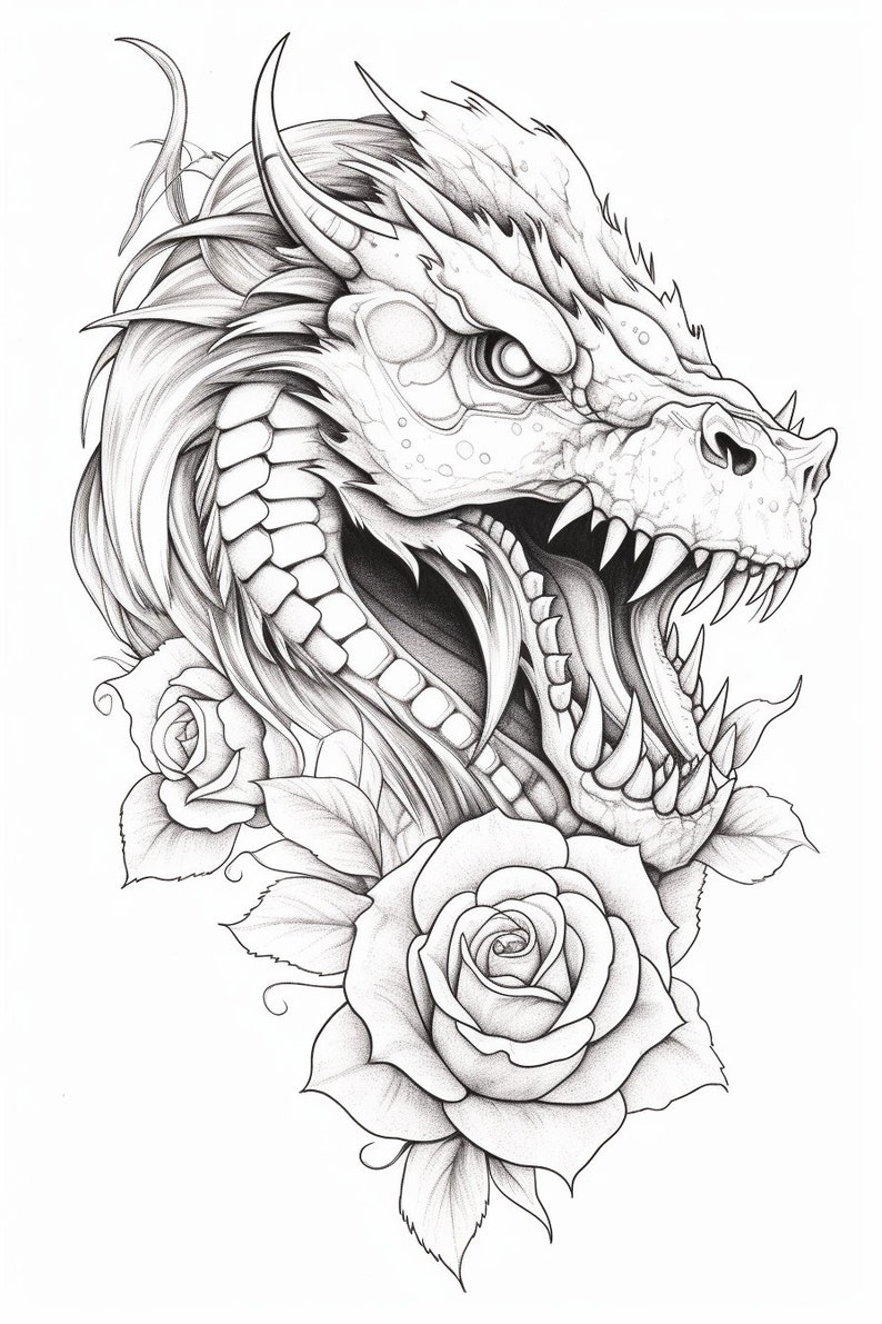 50 Gothic Dragons Coloring Pages Vol. 2 Grayscale Printable for Adults ...