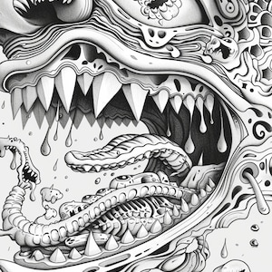 May include: A black and white illustration of a grotesque, monstrous creature with a large, open mouth, sharp teeth, and a long, dripping tongue. The creature's eye is visible, and it has a complex, detailed design.