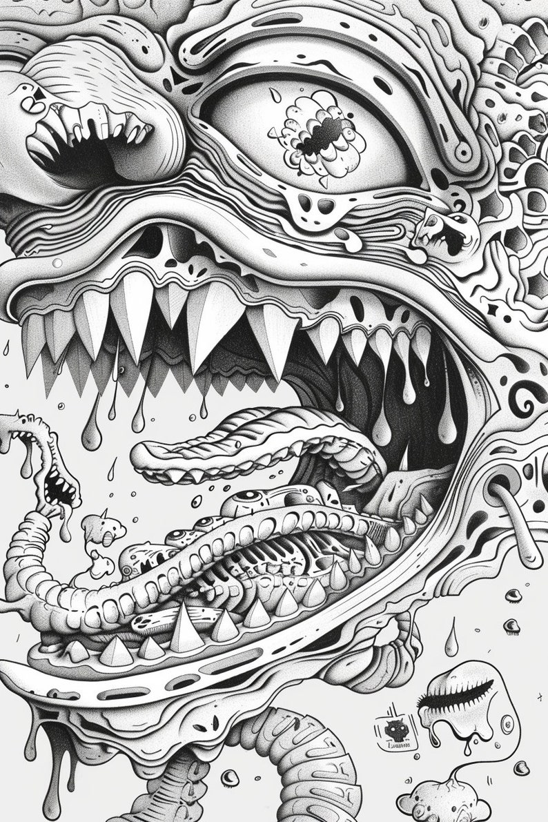 May include: A black and white illustration of a grotesque, monstrous creature with a large, open mouth, sharp teeth, and a long, dripping tongue. The creature's eye is visible, and it has a complex, detailed design.