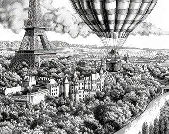 May include: A black and white illustration of the Eiffel Tower in Paris, France, with a hot air balloon flying over it. The balloon has a checkered pattern and is flying over a cityscape with a river.