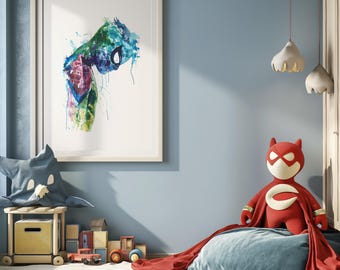 Stampa del profilo dell'acquerello di Spiderman, decorazione della camera da letto del ragazzo, arte digitale da parete per bambini, arte da parete di Spiderman