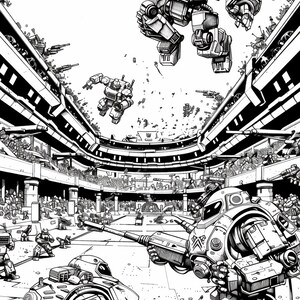 May include: Black and white illustration of a futuristic robot battle scene.  The robots are in a large arena with a crowd of spectators.  One robot is jumping in the air, while another robot is firing a weapon.