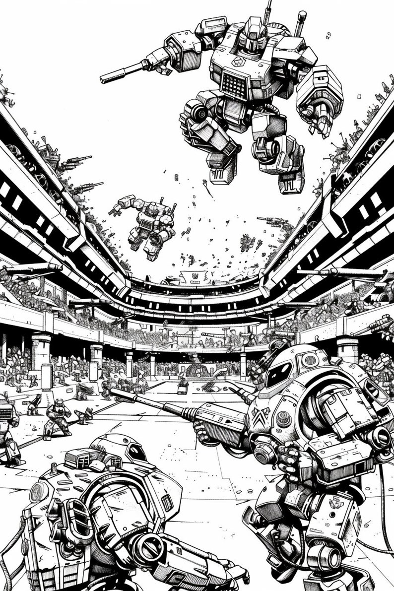 May include: Black and white illustration of a futuristic robot battle scene.  The robots are in a large arena with a crowd of spectators.  One robot is jumping in the air, while another robot is firing a weapon.