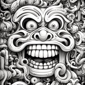 May include: A black and white illustration of a grotesque, grinning face surrounded by intricate, swirling patterns. The face has large, round eyes, a wide, toothy grin, and a prominent nose.