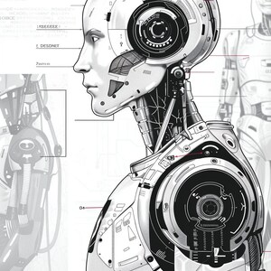 May include: A detailed black and white illustration of a robot's head and torso. The robot has a human-like face with a mechanical neck and chest. The illustration includes technical details and labels, such as "NOS OGASIENE MSS +885KG".