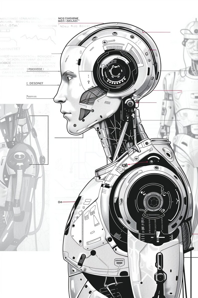 May include: A detailed black and white illustration of a robot's head and torso. The robot has a human-like face with a mechanical neck and chest. The illustration includes technical details and labels, such as "NOS OGASIENE MSS +885KG".