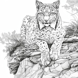Puede incluir: Un dibujo a l&aacute;piz en blanco y negro de un lince sentado en una cornisa rocosa. El lince mira directamente al espectador con las orejas levantadas. El lince est&aacute; rodeado de follaje.