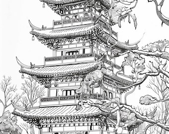 Enchanting Chinese Architecture: 40 Coloring Pages Collection,Adults Coloring Book,Instant Download PDF,grayscale coloring