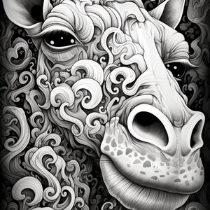 May include: A black and white illustration of a giraffe's face with intricate swirling patterns covering the entire image.
