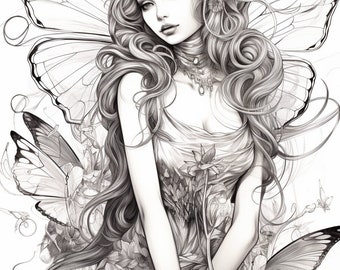 50 Mystical fairy places coloring pages, fantasy coloring book, fairy grayscale coloring pages,fairies coloring pages