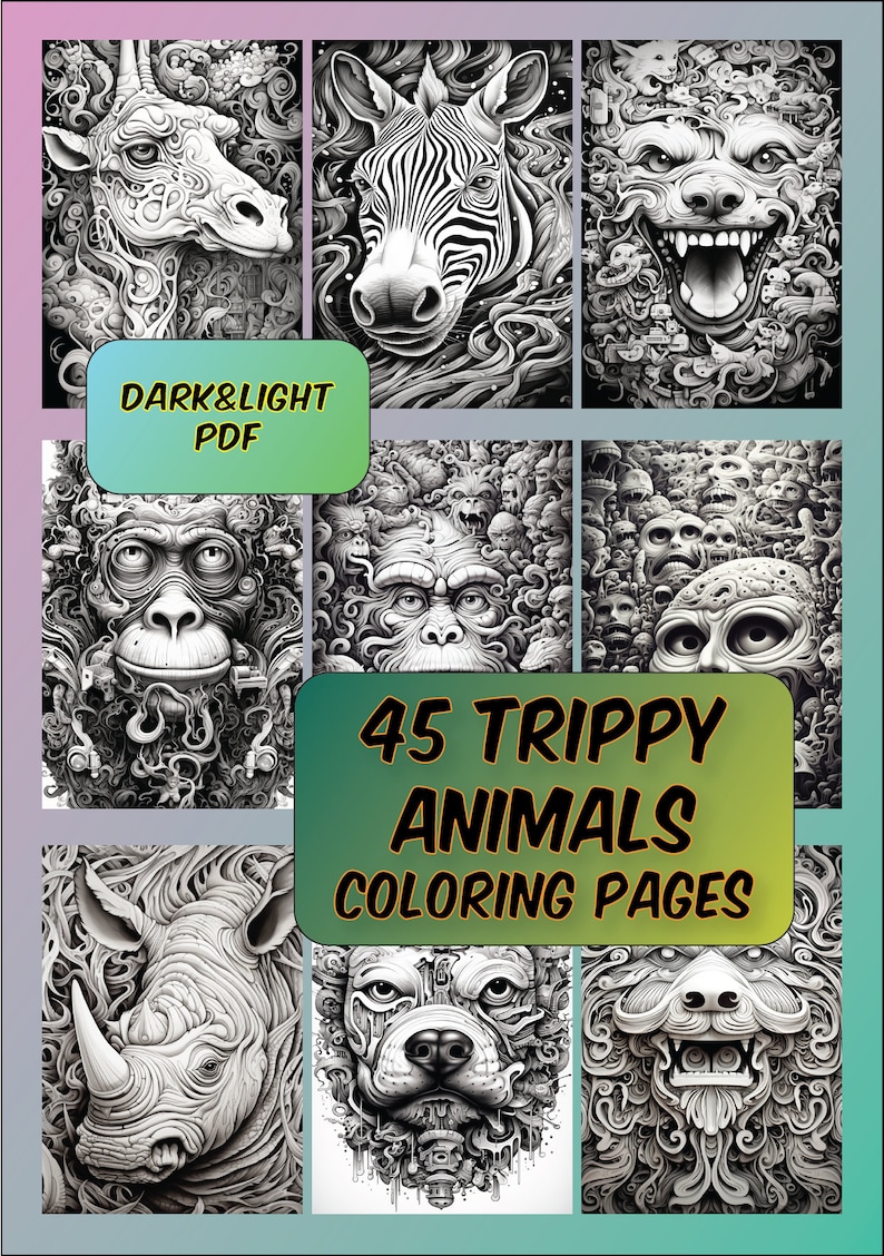 May include: A collection of 45 coloring pages featuring trippy animal illustrations. Each page features a different animal, such as a giraffe, zebra, wolf, monkey, rhino, and bulldog, with intricate details and patterns. The pages are designed for adults and children who enjoy coloring and creative expression.