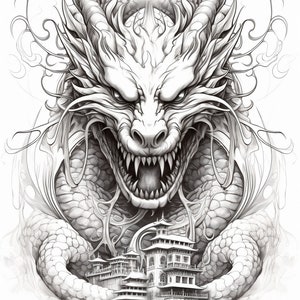 May include: A detailed black and white pencil drawing of a dragon with a fierce expression, holding a multi-level pagoda in its claws. The dragon is surrounded by intricate details and appears to be emerging from a swirling cloud.