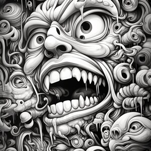 May include: A black and white digital illustration of a grotesque face with a wide open mouth and sharp teeth. The face is surrounded by other faces and abstract shapes.